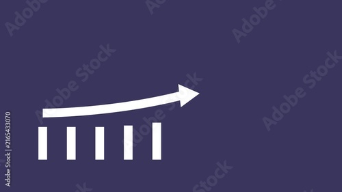 Growing bar chart animation with rising trend arrow, financial success and business growth concept, minimalist white on dark background