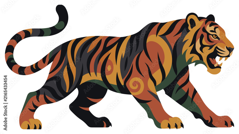 Obraz premium Stylized tiger illustration with decorative tribal pattern design.