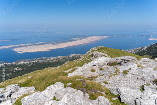 Fotografie Panoramic view of the island of Rab in the Kvarner Gulf, Croatia, seen from the rugged Northern Velebit mountain range