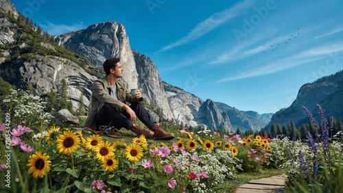 Towering rocky mountain cliff with cascading waterfall and wildflower meadow