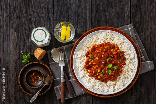 Vegetarian Chili Sin Carne over steamed rice