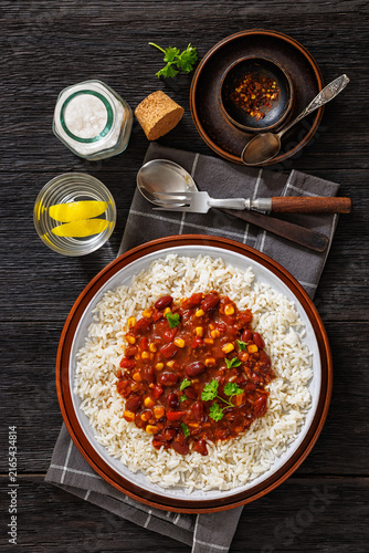 Vegetarian Chili Sin Carne over steamed rice