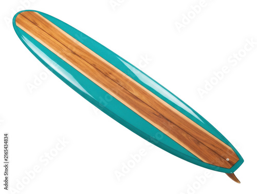 Turquoise and wooden surfboard isolated on white background for summer water sports