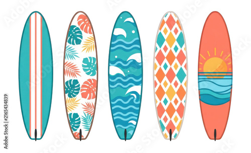Set of colorful surfboard designs with tropical patterns and summer beach illustrations