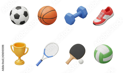 Set of 3D sports equipment icons including balls, trophy, racket and fitness gear