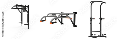 Fotografie Three different types of wall-mounted and free-standing pull-up bars and dip sta