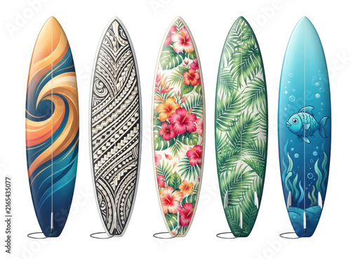 Set of five colorful surfboards with tropical patterns and artistic designs on white background