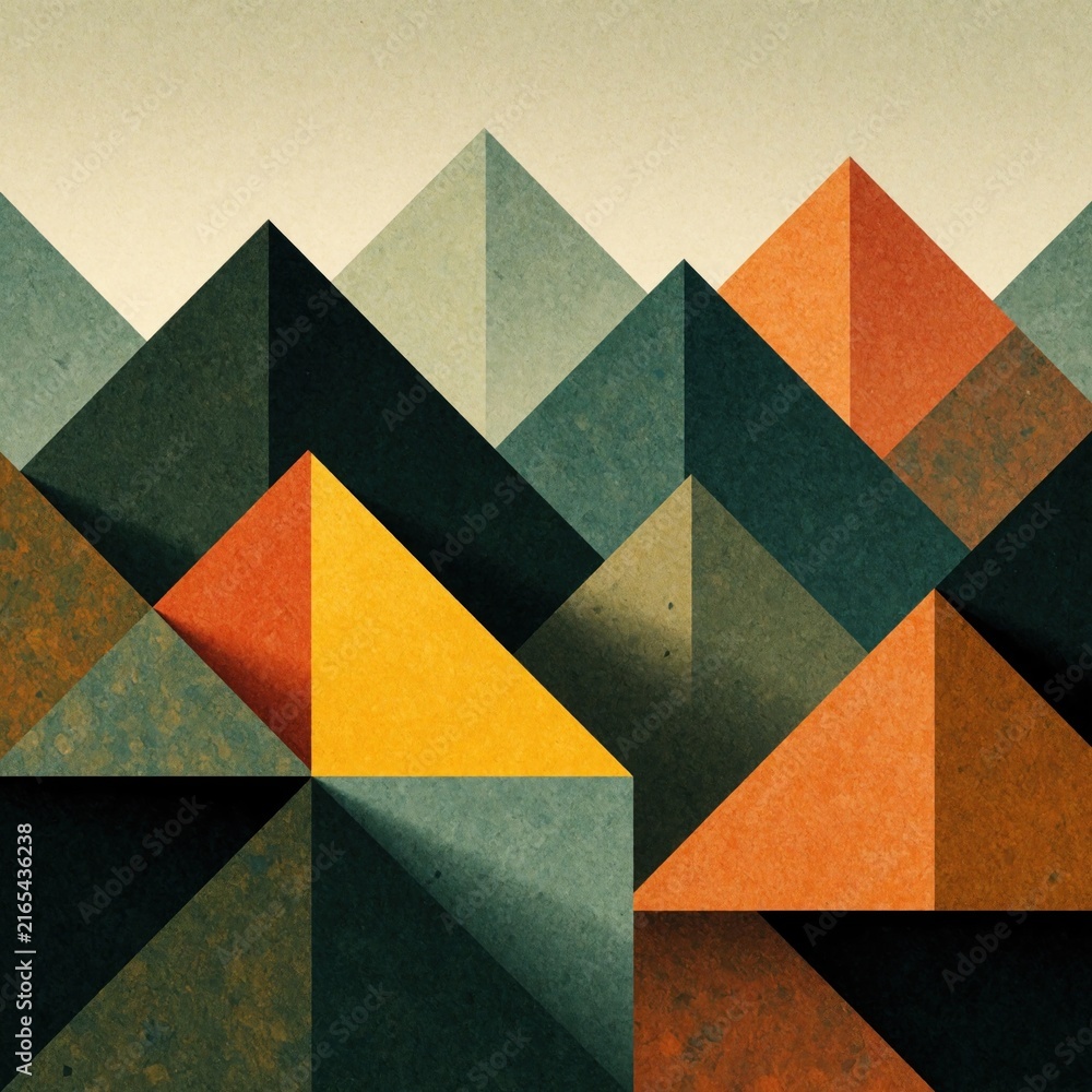 Fototapeta premium Abstract geometric mountains rendered in textured earth tones. Triangles form layered peaks with subtle shading, creating depth. Modern flat graphic design suitable for backgrounds.