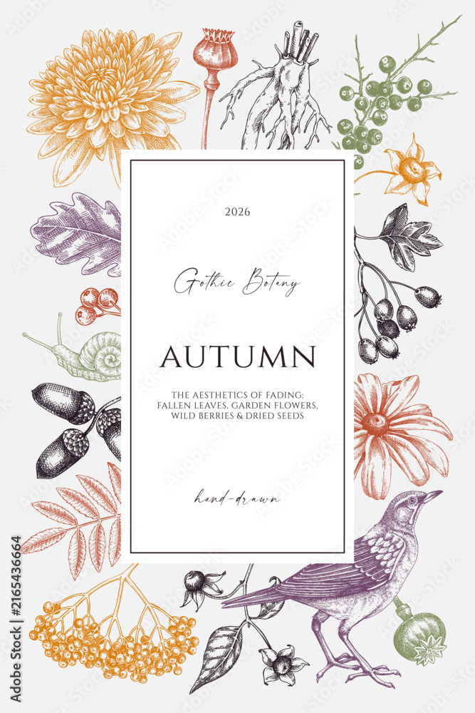 Fototapeta premium Vintage autumn frame design. Botanical illustration of garden flowers, fallen leaves, wild berries for card, invitation or book cover. NOT AI generated