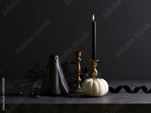 Black Halloween Ghost With Ivory Pumpkin