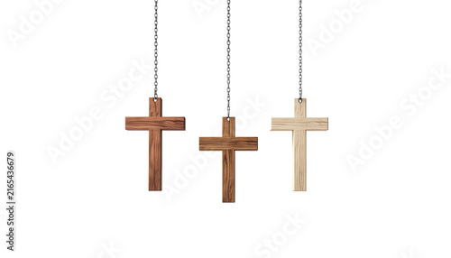 Collection of Wooden Christian Crosses Hanging Vertically Representing Faith Prayer Religion and Easter Isolated on Transparent Background