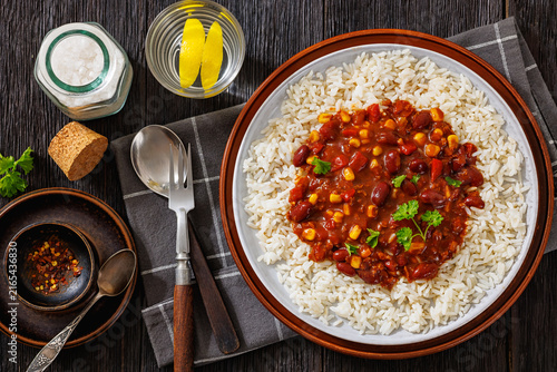 Rajma Masala served with Rice on a plate