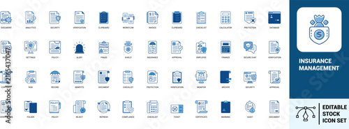 Insurance management line art icons set policy, protection, risk, finance, security, verification, document, analytics, calculator, Web icon, App icon, Outline icon, Editable stroke, line art, Vector 