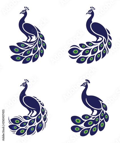 Set of four elegant peacock bird logo icons with decorative tail feathers in blue and green.