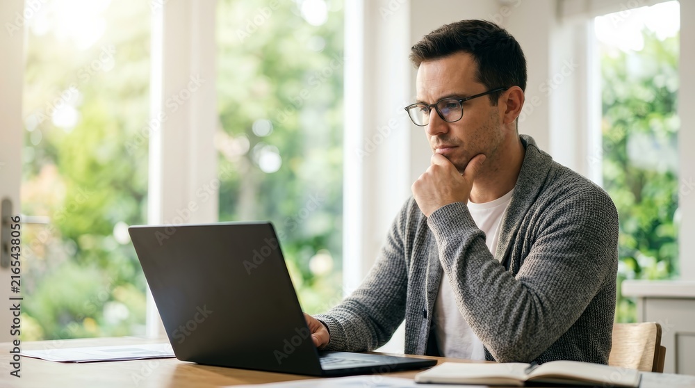 Fototapeta premium Freelancer man thinking while using a laptop at home for audit accuracy and decision making.