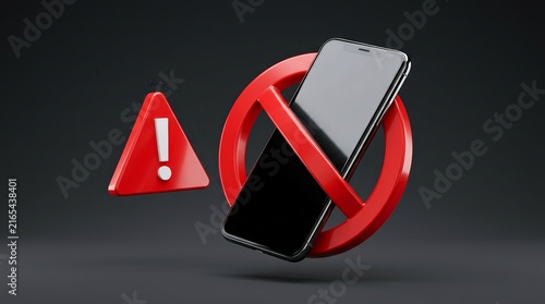 3D rendering of a smartphone with a red prohibition sign and warning triangle for phone ban concept.