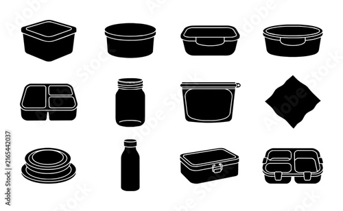 Set of 12 Black Food Storage Containers and Jars, Versatile Kitchenware Icons for Meal Prep and Organization, Simple Vector Graphics