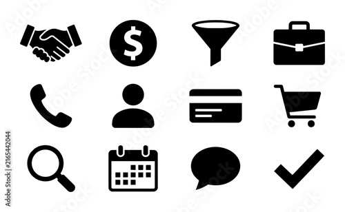 Business Icons Set, Vector Graphics Collection: Handshake, Money, Funnel, Briefcase, Phone, User, Credit Card, Shopping Cart, Search, Calendar, Chat, Checkmark