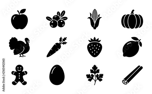 Harvest Food Icons Set: Thanksgiving Turkey, Pumpkin, Apple, Corn, Berries, Carrot, Strawberry, Lemon, Gingerbread Man, Egg, Parsley, Cinnamon Stick Vector Graphics