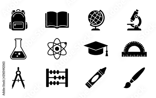 Education Icons Set: Backpack, Book, Globe, Microscope, Flask, Atom, Graduation Cap, Protractor, Compass, Abacus, Crayon, Paintbrush - Vector Graphics for Learning and Science