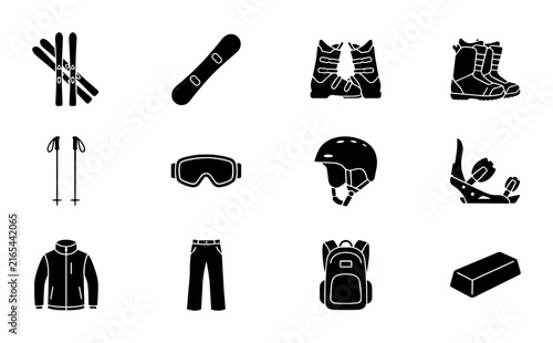 Winter Sports Equipment Icons: Skiing, Snowboarding Gear Set, Vector Graphics for Outdoor Activities, Snowboarding, Skiing, Winter Apparel, Accessories