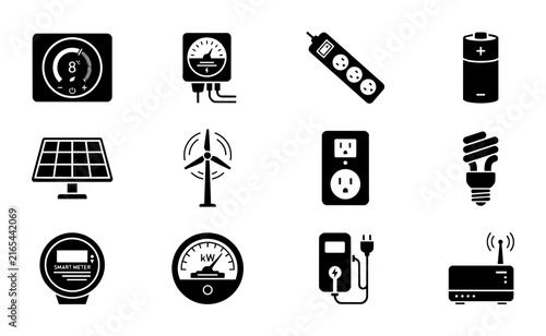 Energy Icons Set: Solar Panel, Wind Turbine, Battery, Smart Meter, Power Strip, Light Bulb, Thermostat, Router, Gauges, Electrical Devices Vector Graphics