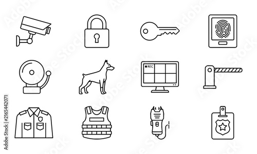 Security Icons Set: Surveillance Camera, Padlock, Key, Fingerprint Scanner, Alarm, Guard Dog, Monitor, Barrier, Uniform, Vest, Taser, Badge - Vector Graphics for Safety and Protection Concepts