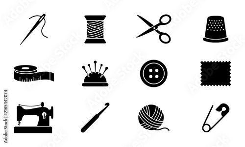 Sewing Icons Set: Needle, Thread, Scissors, Thimble, Measuring Tape, Pins, Button, Stamp, Sewing Machine, Crochet Hook, Yarn Ball, Safety Pin Vector Graphics