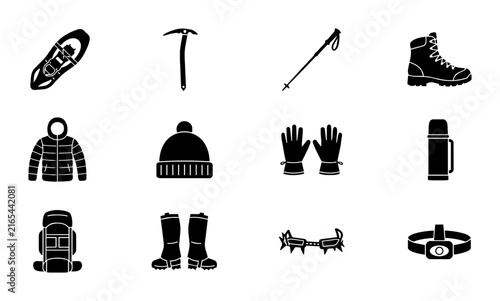 Winter Outdoor Gear Icons Set, Snowshoe, Ice Axe, Trekking Pole, Hiking Boot, Puffy Jacket, Beanie, Gloves, Thermos, Backpack, Snow Boots, Crampons, Headlamp Vector Collection