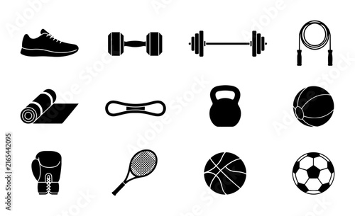 Fitness Equipment Icons Set, Workout Gear Vector Graphics, Sports Training Tools Collection, Healthy Lifestyle Symbols