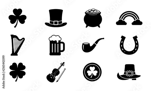 Saint Patrick's Day Icons Set: Shamrock, Top Hat, Pot of Gold, Rainbow, Harp, Beer Mug, Pipe, Horseshoe, Violin, Clover Coin, Leprechaun Hat, Vector Graphics for Irish Celebration