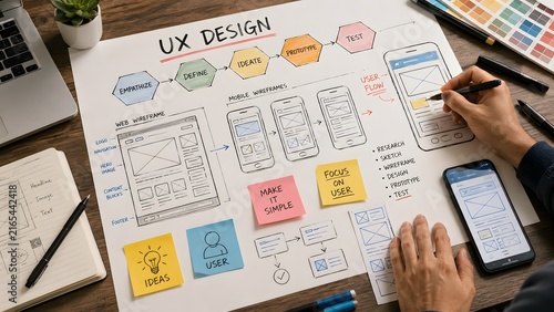 Obraz na płótnie UX Graphic designer creative sketch planning application process development prototype wireframe for web mobile phone . User experience concept.