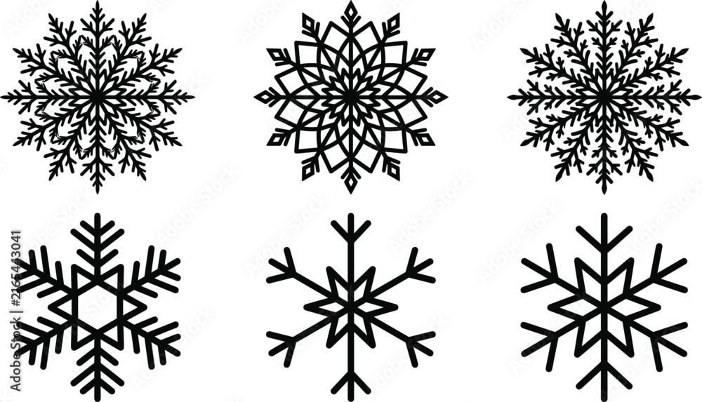 Obraz premium Black snowflake icon vector set isolated white background winter christmas cold frost frozen crystal silhouette graphic collection