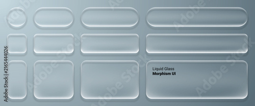 Set of glassmorphism ui elements, liquid glass buttons and panels with soft shadows and frosted blur effect on grey background
