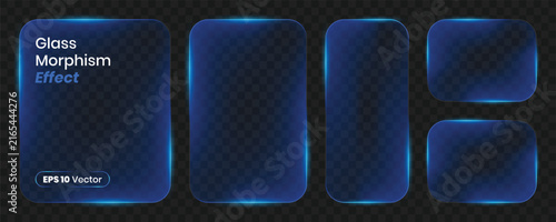 Set of glassmorphism effect frames, blue glowing rounded rectangular ui elements for web and mobile app design