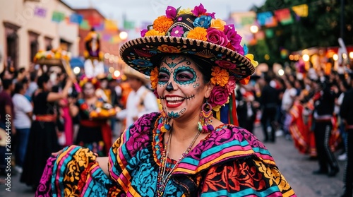 Woman with catrina makeup and traditional hat celebrating day of the dead at a street festival