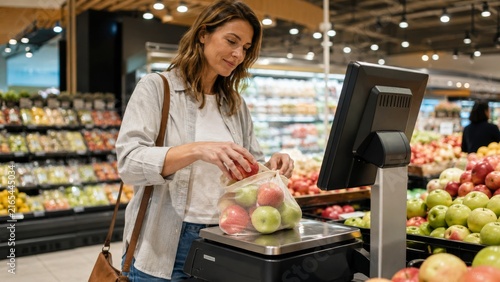 Shopper using produce scale: close detailed view, Caucasian at checkout in a modern grocery store