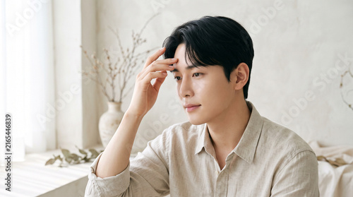 Young Korean Man Touching Forehead for Premium Beauty Editorial