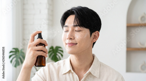 Young Korean Man Spraying Facial Mist for Skincare Campaign