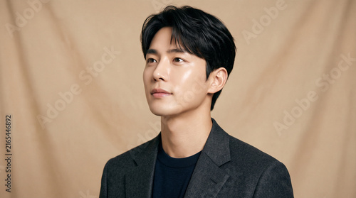 Young Korean Man Looking Upward for High-End Cosmetic Advertising
