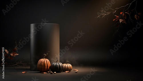 Minimalist autumn product display with a black cylinder pedestal, small pumpkins, and dry branches on a dark moody background.