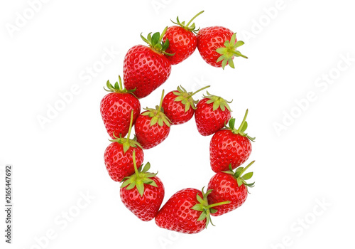 Number six made from fresh red strawberries isolated on transparent background