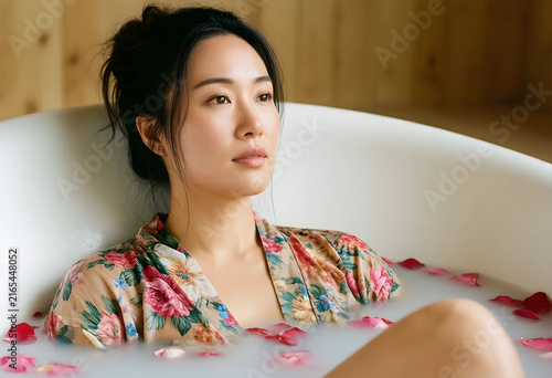 Self care and wellness ritual, young asian woman relaxing in a milk bath with rose petals for beauty and spa treatment
