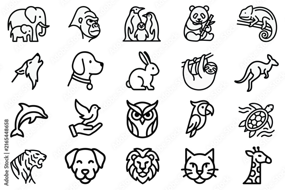 Naklejka premium Wild Animal And Pet Icons Set Minimalist Black Outline Vector Illustration For Logo And Web Design