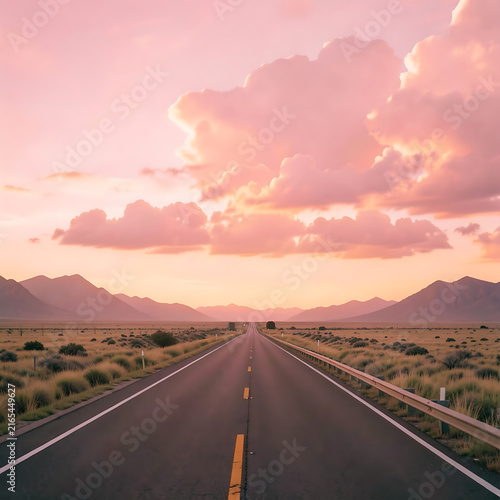 Straight empty asphalt road leading towards distant mountains under a beautiful pink sunset sky with dramatic clouds