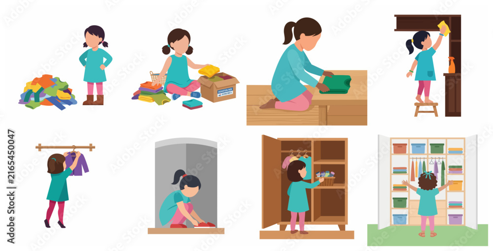 Fototapeta premium Little girl character doing housework chores set, child organizing clothes, folding laundry, cleaning furniture and decluttering wardrobe flat vector illustration