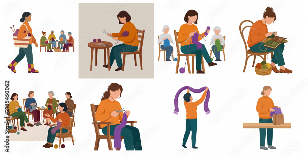 Fototapeta premium Collection of flat vector illustrations of women engaged in knitting and crocheting activities as a creative hobby and social activity.