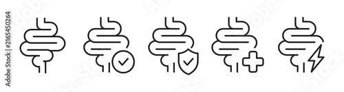 Intestine Health Icon Set. Gut Wellness, Digestive System, Healthy Digestion and Medical Care Editable Stroke Outline Vector Collection.