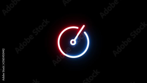 Neon stopwatch symbol glowing in red and blue colors isolated on solid black background.