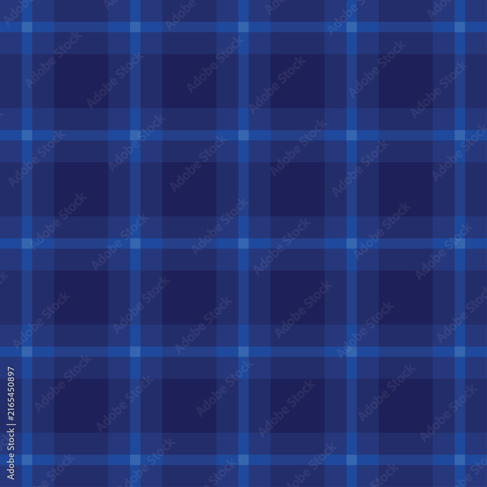 Obraz premium Dark navy and royal blue plaid tartan seamless pattern. Flat geometric checkered vector background. Classic elegant gingham grid design for mens fashion, nautical decor and premium packaging.